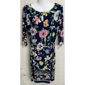 Liz Claiborne Navy Colorful Floral Dress M, Spring Preppy Shower Tea Party